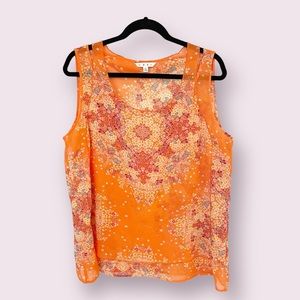 #268 - CAbi Merrow Edge Blouse - Women’s Sheer Orange Floral Sleeveless Blouse